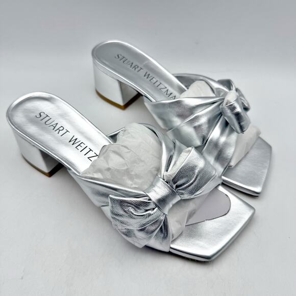 Stuart Weitzman Womens Sofia 45 Slide High Heels Size 6 Silver Leather Bow NIB - Picture 7 of 14
